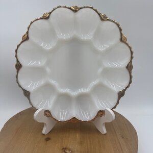 Vintage White With Gold Trim Milk Glass Egg Plate Serving Tray Rare White gold